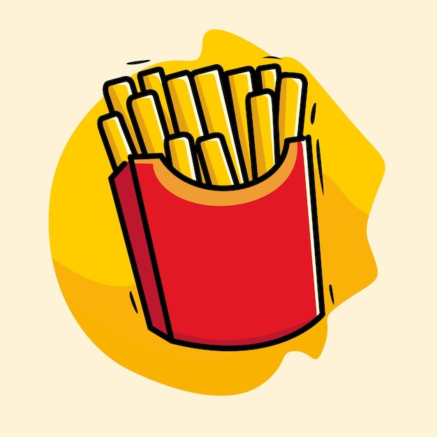 Una ilustración de dibujos animados de patatas fritas en una bolsa de papel roja