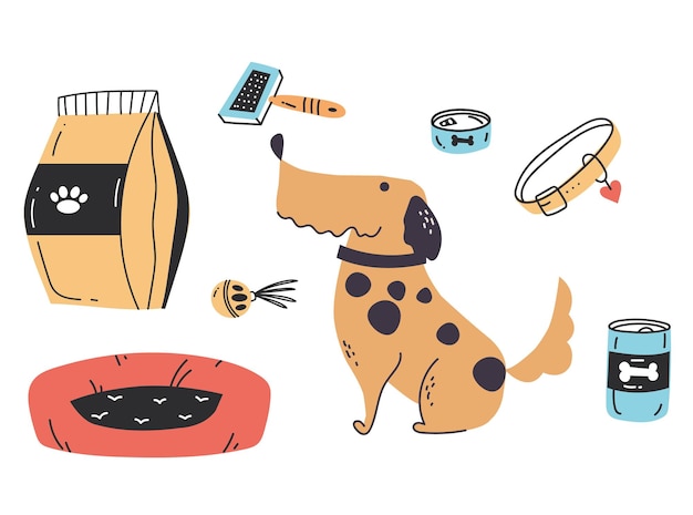 Ilustración de dibujos animados de perros y accesorios para perros
