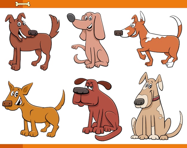 Ilustración de dibujos animados de perros y cachorros divertidos conjunto de personajes de animales cómicos