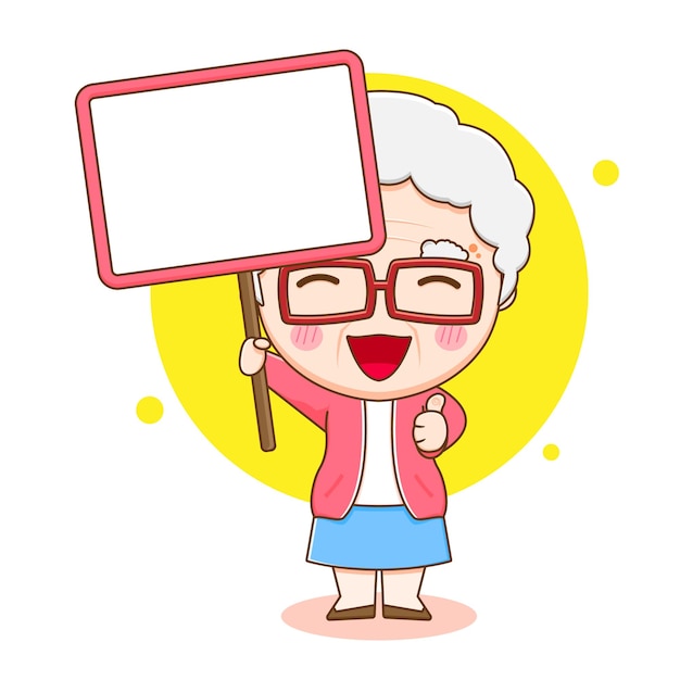 Ilustración de dibujos animados de personaje lindo abuela sosteniendo tablero vacío