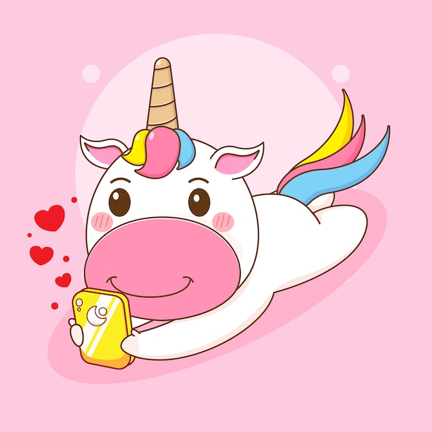 Ilustración de dibujos animados de personaje lindo unicornio jugando smartphone