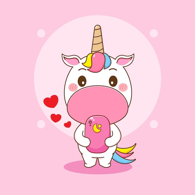 Ilustración de dibujos animados de personaje lindo unicornio jugando teléfono