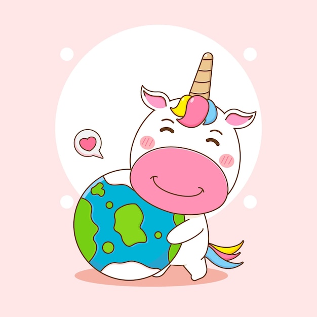 Vector ilustración de dibujos animados de personaje lindo unicornio sosteniendo la tierra