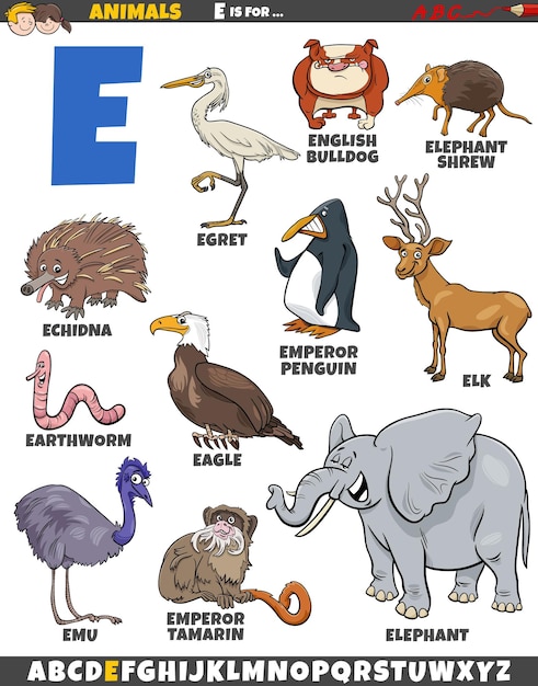 Ilustración de dibujos animados de personajes animales para la letra E