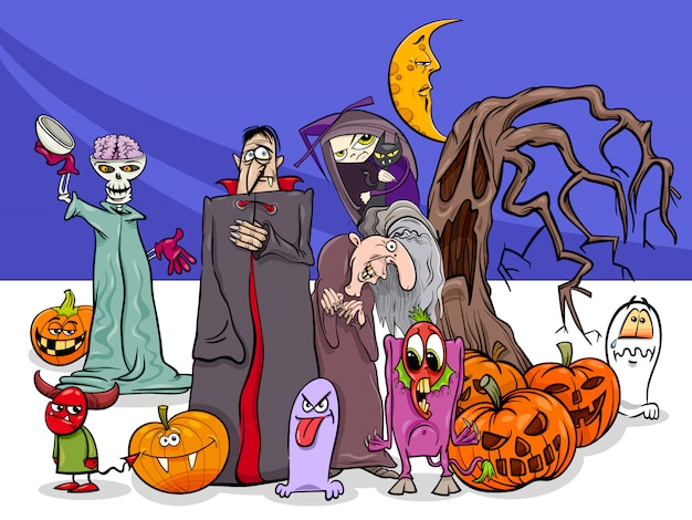 Ilustración de dibujos animados de personajes de miedo de halloween