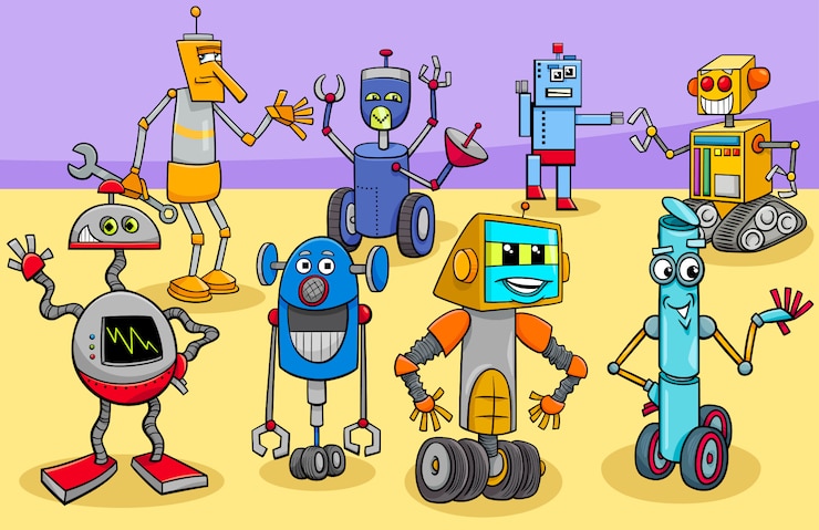 Vector ilustración de dibujos animados de personajes de robots felices