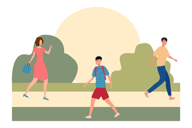 Ilustración de dibujos animados de personas caminando en la distancia contra el telón de fondo de la naturaleza un hombre un tipo con una mochila y una mujer con un teléfono Ilustración de vector plano