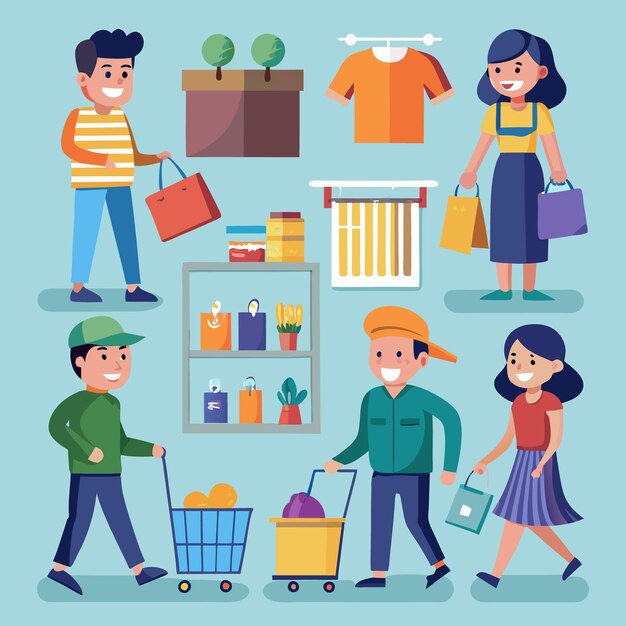 Ilustración de dibujos animados de personas de compras con carrito de bolsas y ropa