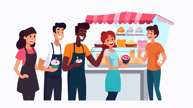una ilustración de dibujos animados de personas frente a un puesto de comida
