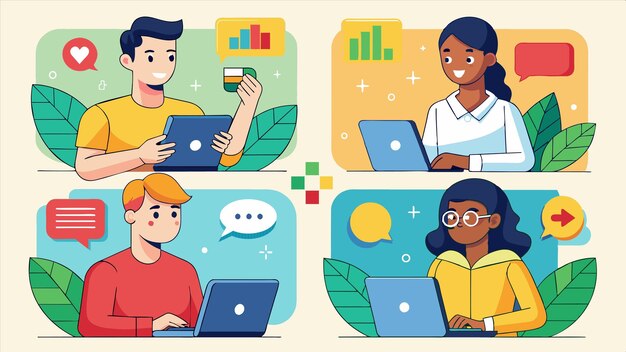 una ilustración de dibujos animados de personas que usan computadoras portátiles con la palabra "macaroni" en la pantalla