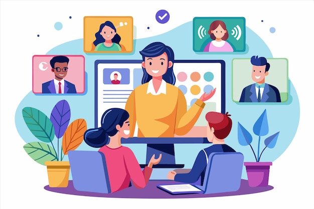 una ilustración de dibujos animados de personas trabajando frente a una pantalla de computadora