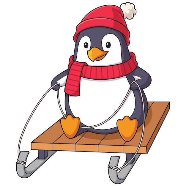 Ilustración de dibujos animados de pingüinos de invierno montados en trineo
