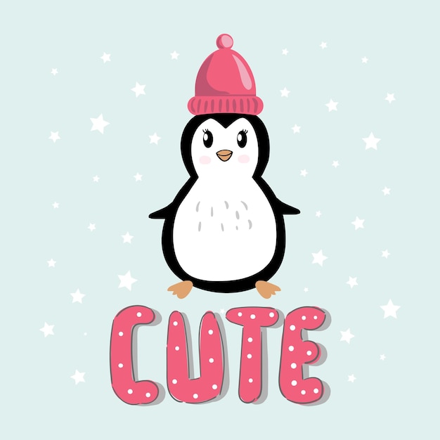Ilustración de dibujos animados de pingüinos Pingüino con sombrero letras lindo texto