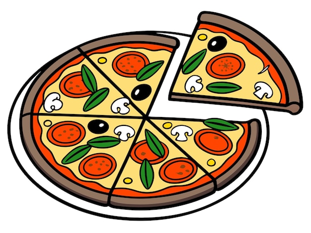 Ilustración de dibujos animados de la pizza Pepperoni setas oliva