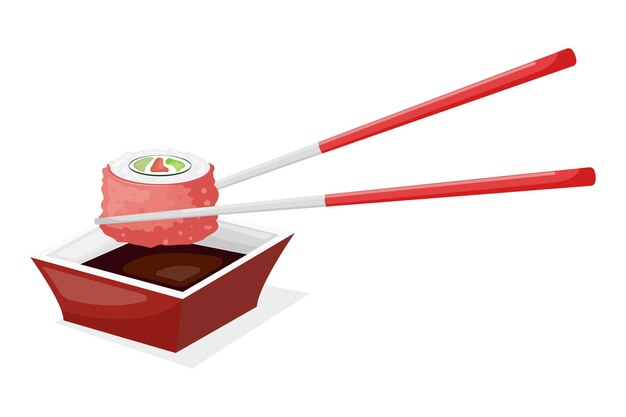 Ilustración de dibujos animados plano vectorial de sushi y tazón de salsa