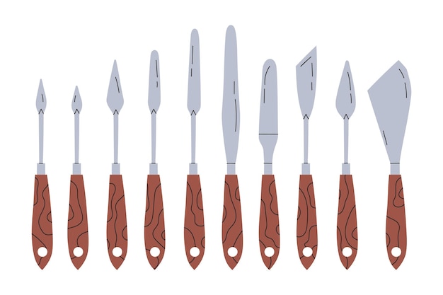 Ilustración de dibujos animados planos de cuchillos de paleta metálica de varias formas con un mango de madera