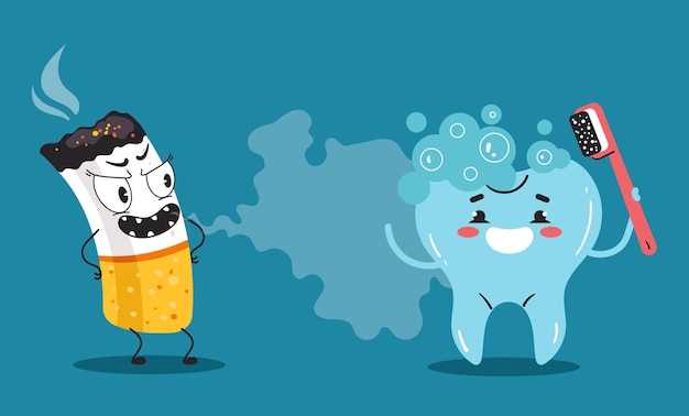 Ilustración de dibujos animados planos de personajes de dientes y cigarrillos