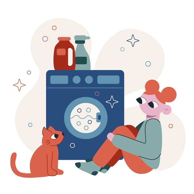 Ilustración de dibujos animados planos vectoriales housework girl está lavando ropa en la lavadora