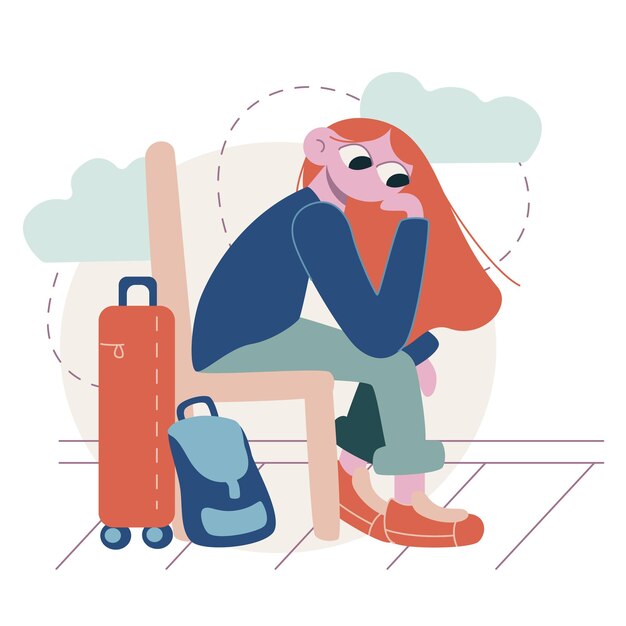 Ilustración de dibujos animados planos vectoriales la niña está sentada en el aeropuerto en la sala de espera