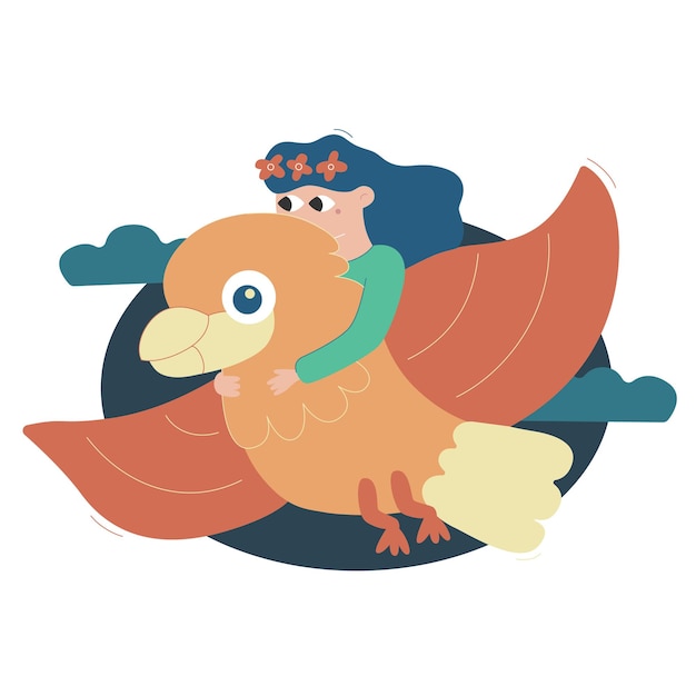 Ilustración de dibujos animados planos vectoriales La niña vuela en un loro en un pájaro
