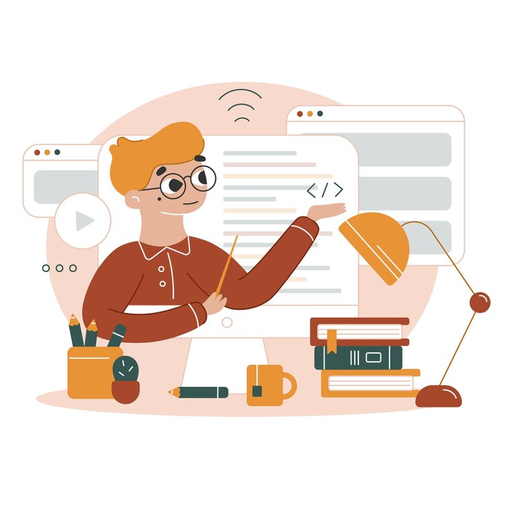 Vector ilustración de dibujos animados planos vectoriales el programador estudia en línea ver la conferencia en línea