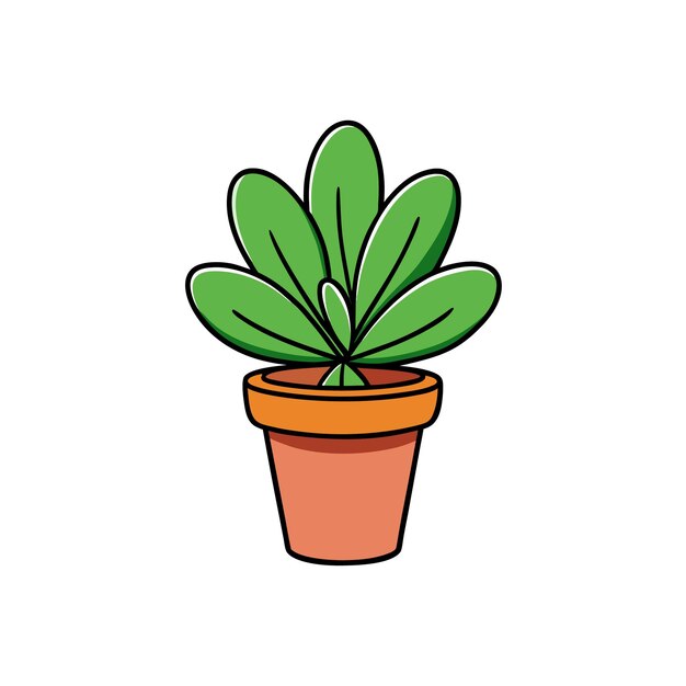 Ilustración de dibujos animados de una planta verde en olla con hojas grandes
