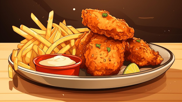 Vector una ilustración de dibujos animados de un plato de comida con una taza de salsa y papas fritas