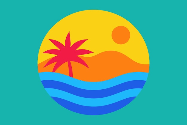 una ilustración de dibujos animados de una playa con palmeras y una playa con una palmera en el fondo