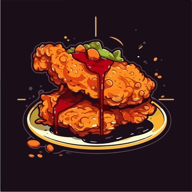 Una ilustración de dibujos animados de pollo frito con salsa en un plato.