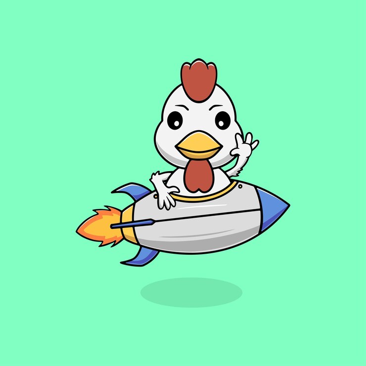 Ilustración de dibujos animados de pollo lindo montado en un cohete