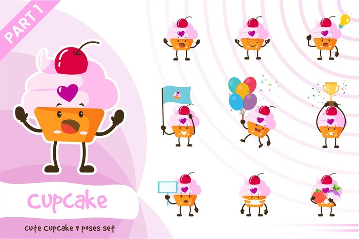 Vector ilustración de dibujos animados de poses de cupcake lindo.