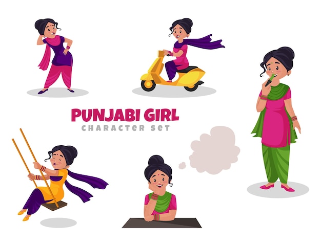 Ilustración de dibujos animados de punjabi girl character set