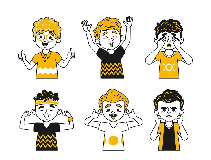 Vector ilustración de dibujos animados que representan seis personajes de doodle kids que expresan varias emociones infantiles