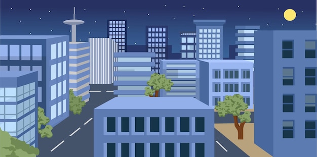 una ilustración de dibujos animados de un rascacielos de la ciudad por la noche