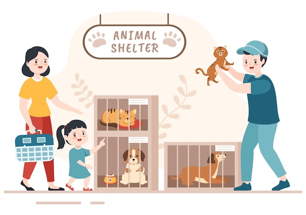 Vector ilustración de dibujos animados de refugio de animales con mascotas en jaulas y voluntarios alimentando animales para adoptar