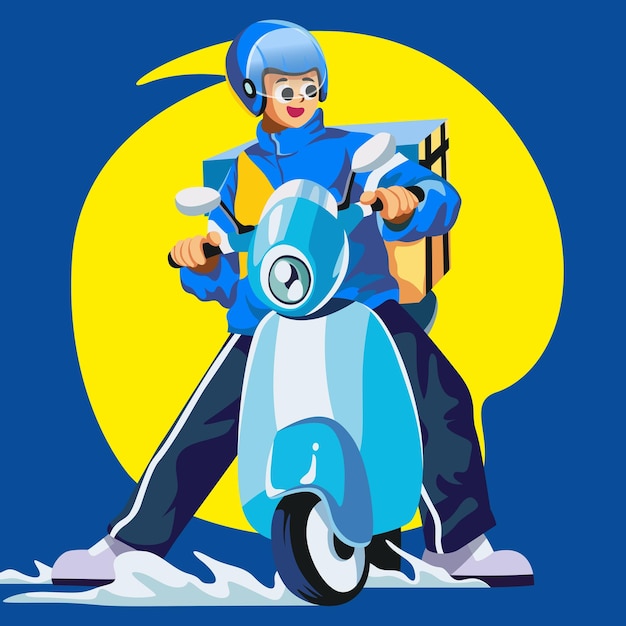 ilustración de dibujos animados del repartidor de paquetes andar en scooter
