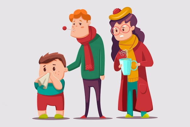 Ilustración de dibujos animados de resfriado y gripe. enfermo personaje familiar.