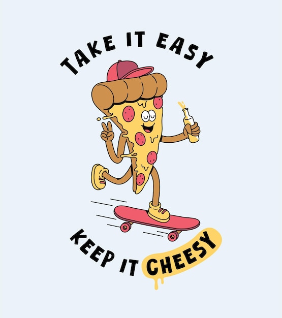 Ilustración de dibujos animados retro de patineta de pizza
