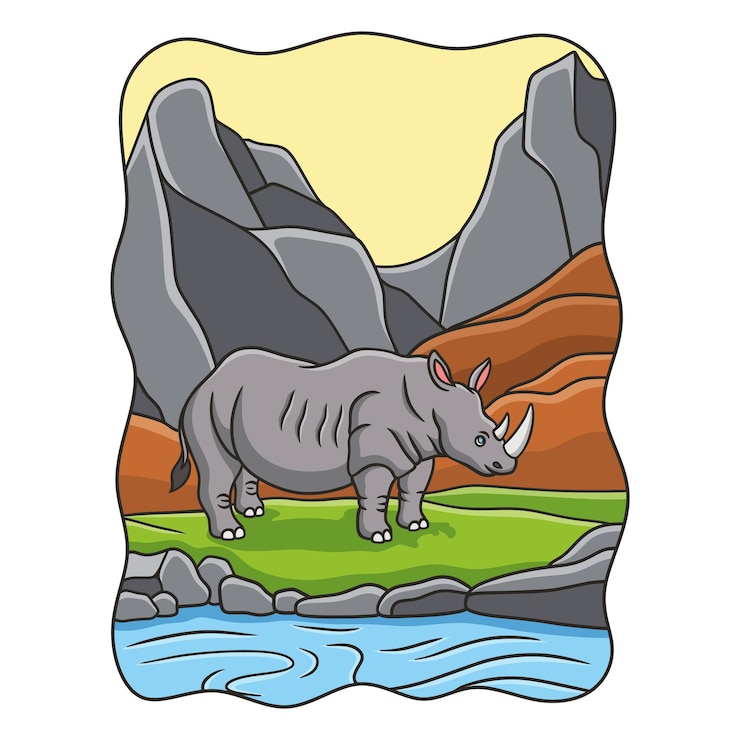 Vector ilustración de dibujos animados rhino caminando por el río en medio del bosque bajo un acantilado de roca alta