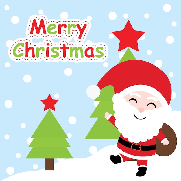 Ilustración de dibujos animados de santa claus en el fondo del árbol de navidad para la postal de navidad