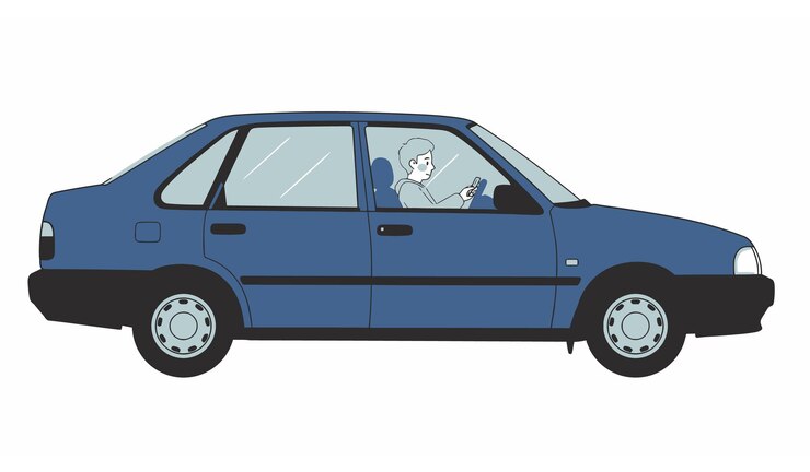 Vector ilustración de dibujos animados de un sedán azul con un conductor aislado en un fondo blanco