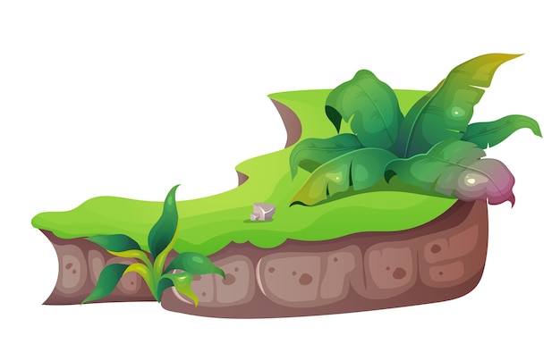 Ilustración de dibujos animados de la selva. Naturaleza tropical. Follaje exótico con césped y arbustos. Planta y vegetación. Objeto de color plano de corte de tierra. Naturaleza subtropical aislada sobre fondo blanco