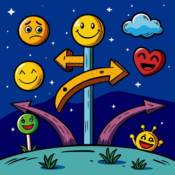 Vector una ilustración de dibujos animados de una señal con emojis que apuntan en diferentes direcciones en un cielo nocturno con estrellas