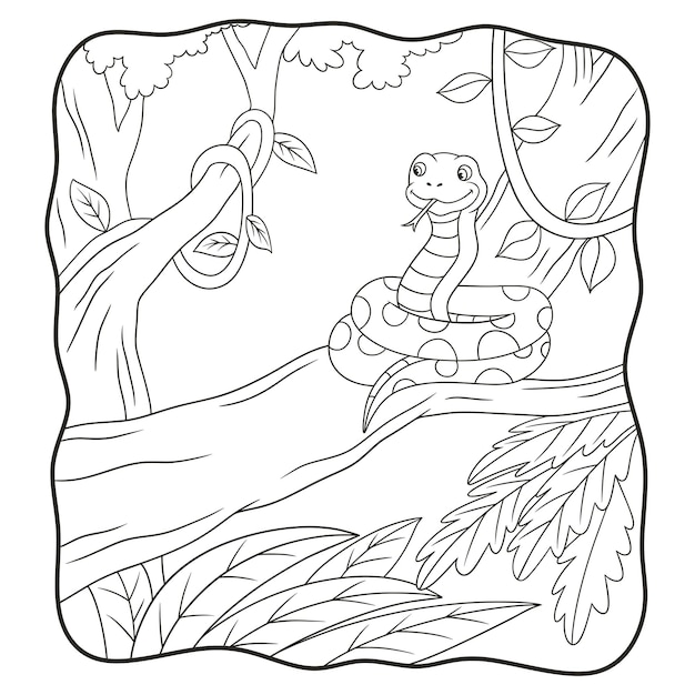Ilustración de dibujos animados la serpiente está en el libro o página del árbol para niños en blanco y negro
