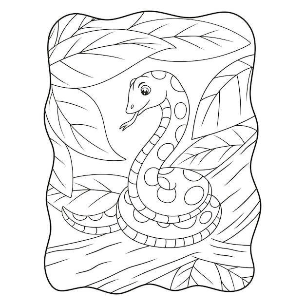 Ilustración de dibujos animados de una serpiente que se relaja en un árbol grande y alto para ver a su presa desde arriba del libro o página para niños en blanco y negro