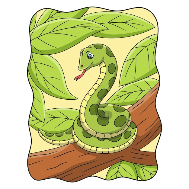 Ilustración de dibujos animados de una serpiente que se relaja en un árbol grande y alto para ver a su presa desde arriba