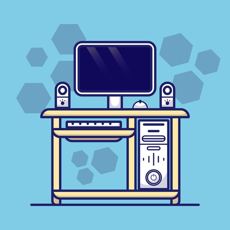 Vector ilustración de dibujos animados simple de escritorio de computadora. concepto de interiores. fondo aislado