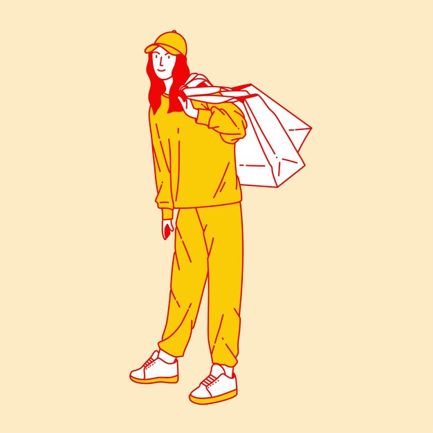 Ilustración de dibujos animados simple de una mujer llevando bolsas de compras 3