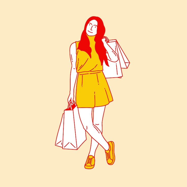 Vector ilustración de dibujos animados simple de una mujer llevando bolsas de compras 5