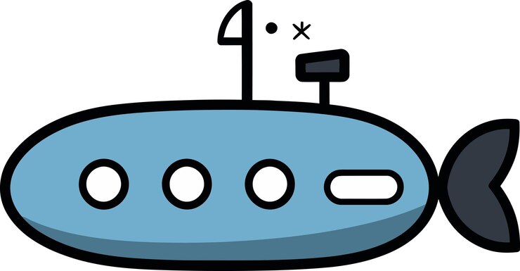 Vector una ilustración de dibujos animados de un submarino azul y gris con una tapa azul